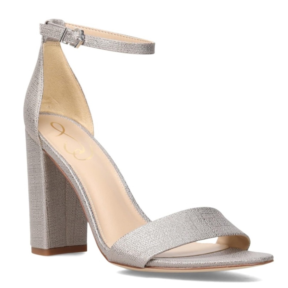 Sam Edelman Silver Textured Ankle-Strap Block Heel Sandals